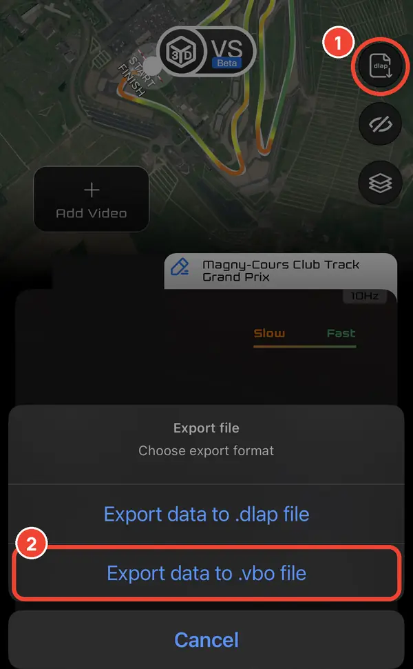 Dragy : icône d'export de la session, puis menu Export file avec « Export data to .vbo file »