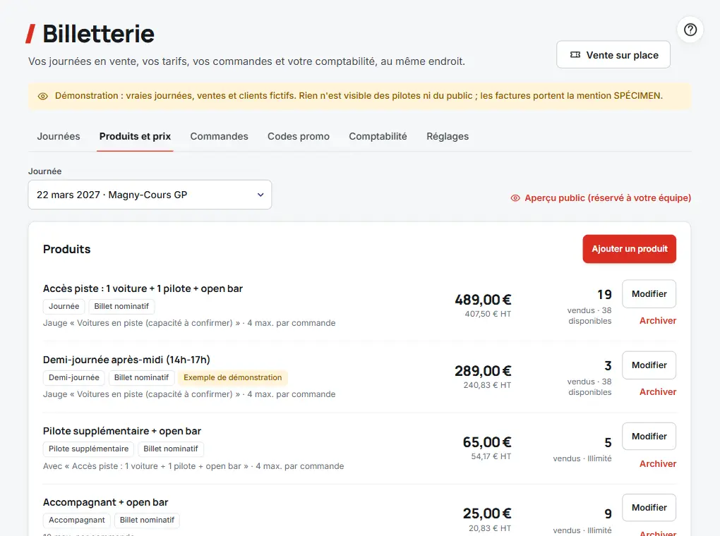 Billetterie : produits et prix d'une journée