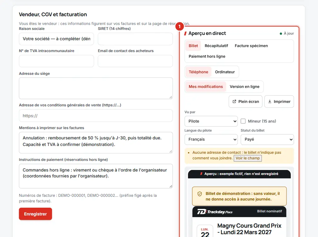 Réglages de la billetterie avec l'aperçu en direct du billet