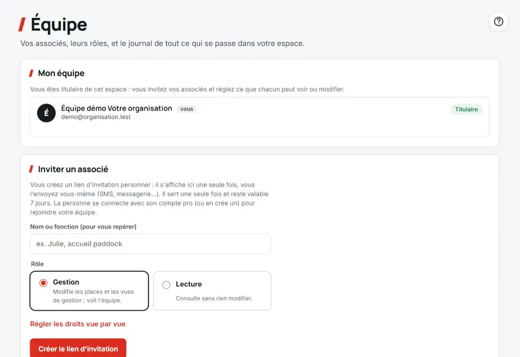 Équipe : membres, rôles et journal des actions