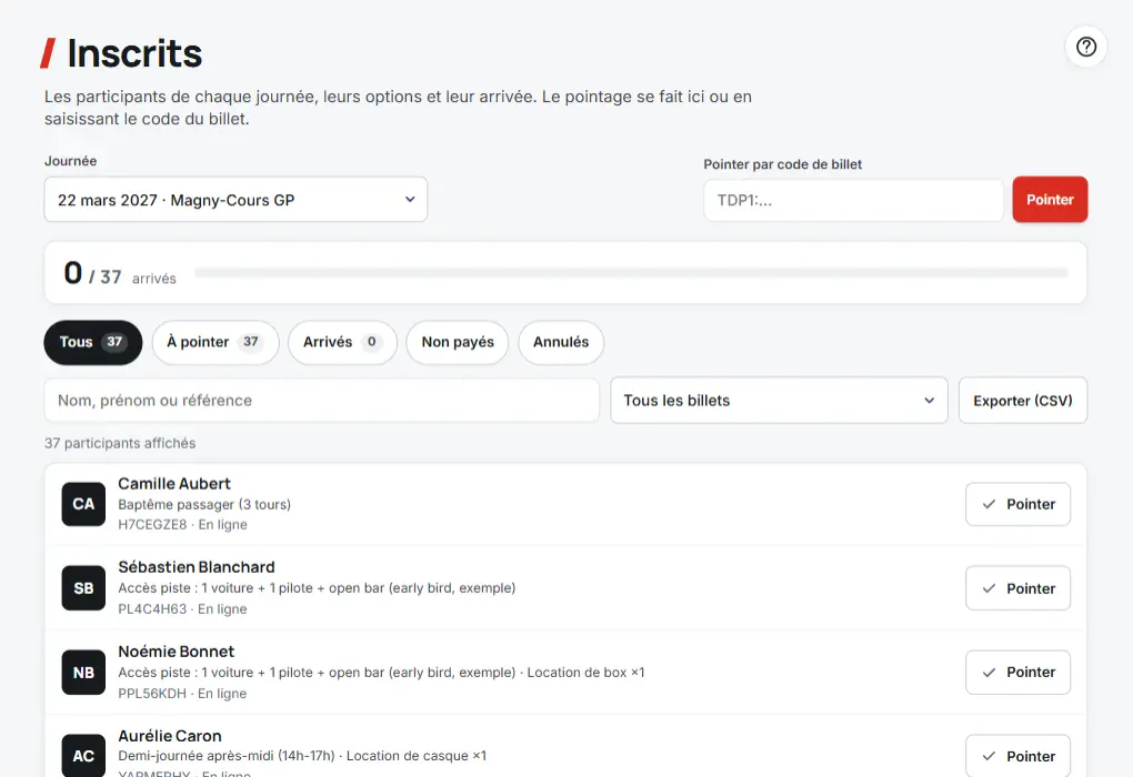 Inscrits de la billetterie : pointage par code de billet, export et impression des billets