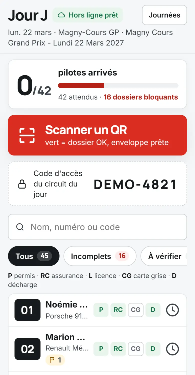 Écran Jour J sur téléphone : pilotes arrivés, bouton Scanner un QR et liste des pilotes