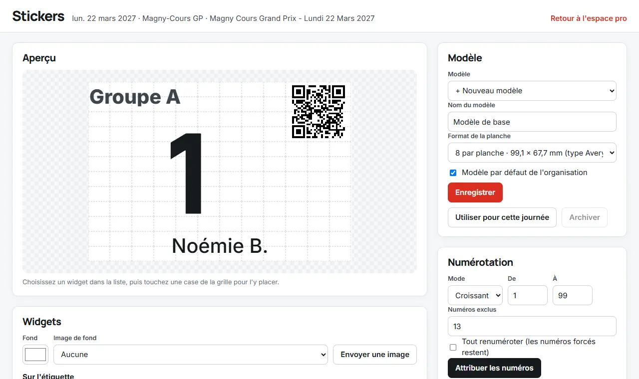 Éditeur de stickers : aperçu d'une étiquette, modèle et numérotation