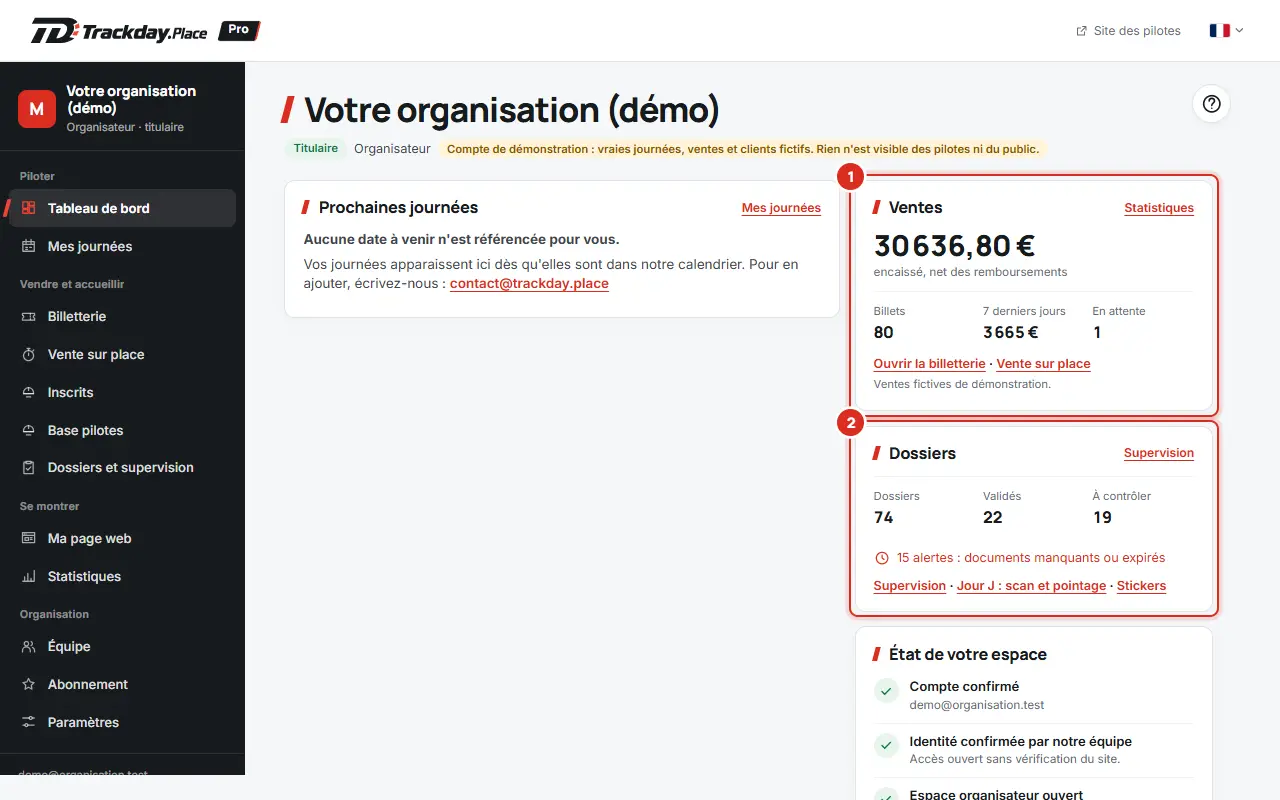 Tableau de bord de l'espace organisateur sur ordinateur, cartes Ventes et Dossiers encadrées