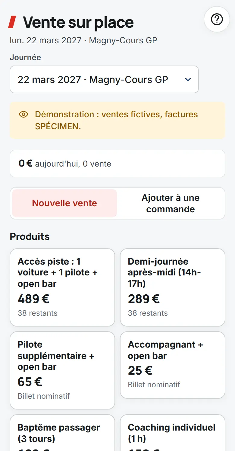 Vente sur place sur téléphone : produits de la journée et nouvelle vente