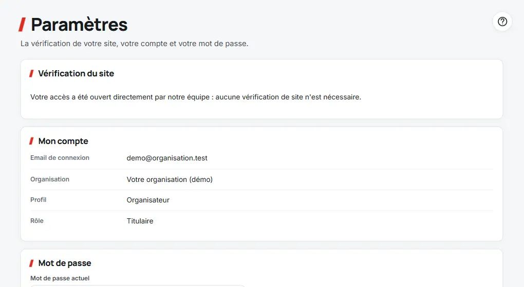 Paramètres : vérification du site